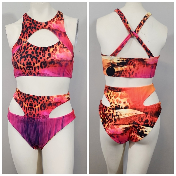 Keva J High Neck Cut Out Bikini Set L Animal Print Pink Orange Swimwear USA Made - Picture 1 of 13